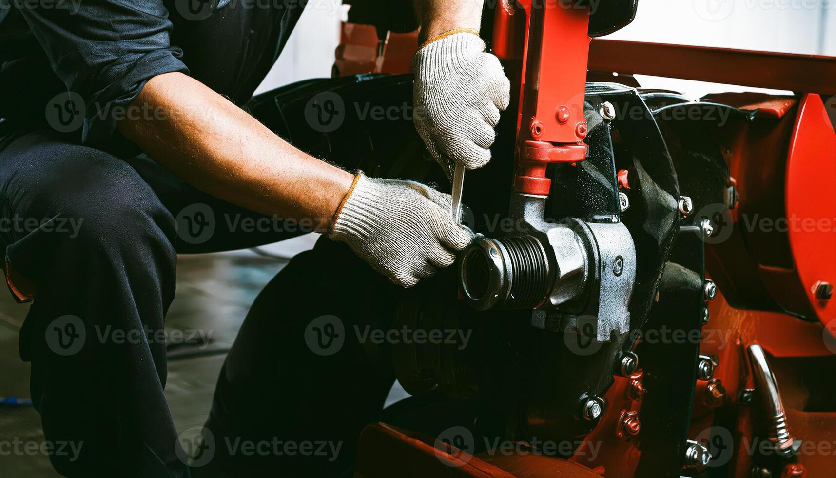 Mechanic working on a red tractor photo