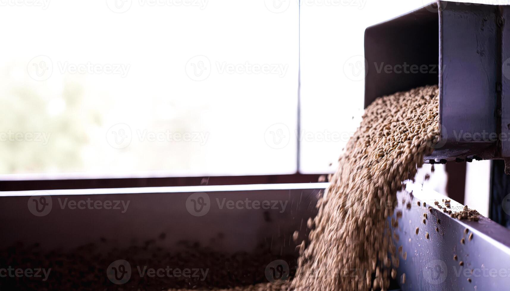 Coffee beans pouring from a chute into a hopper photo