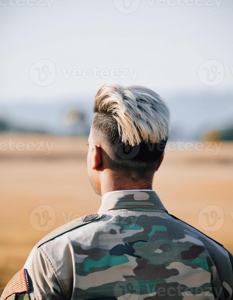 Rear view of a soldier standing in a field photo