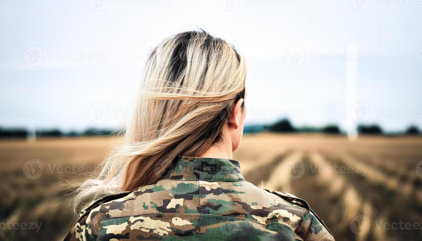 Woman in Military Uniform Stands in Field Looking at Distance photo