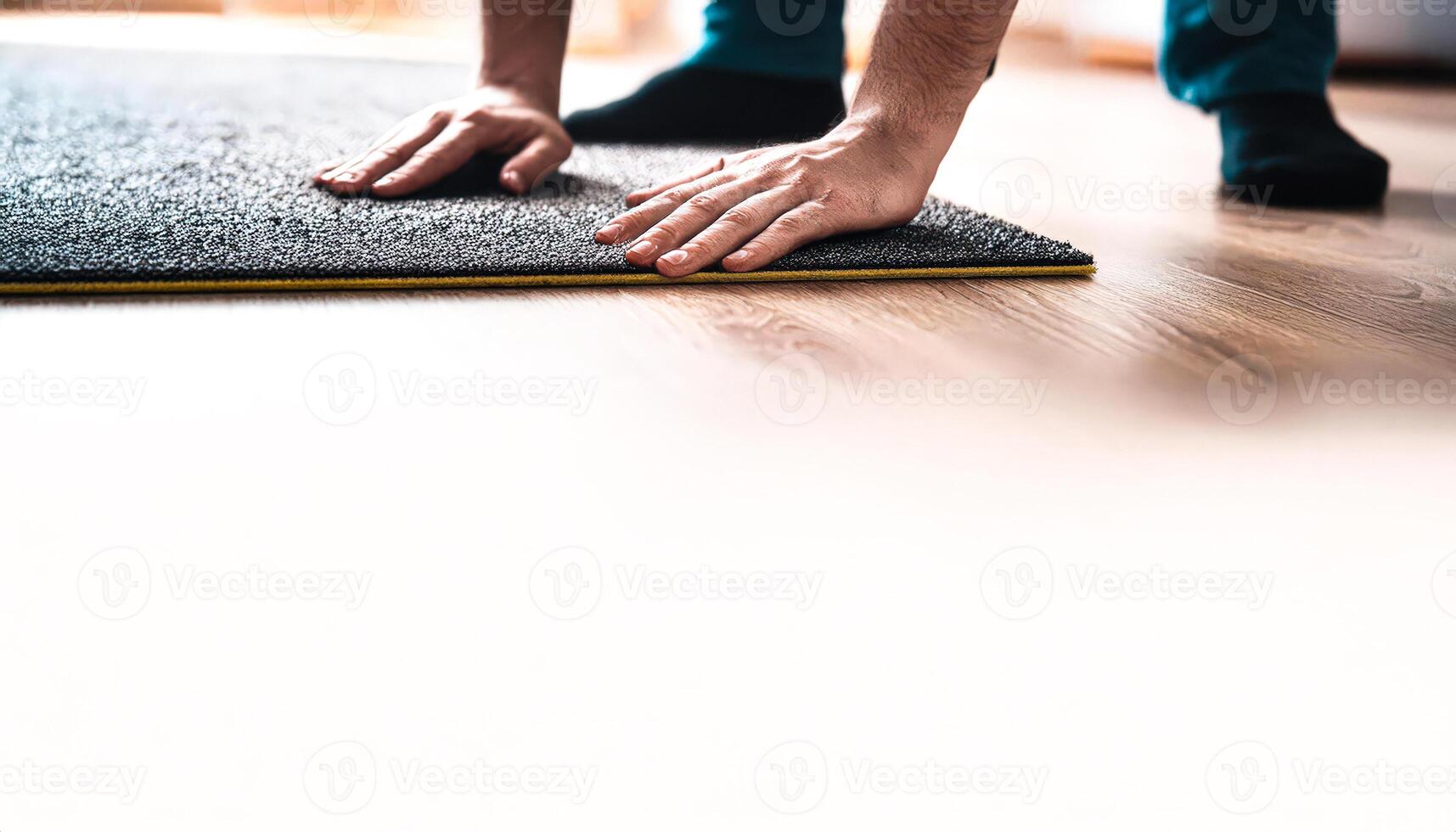 Hands laying down a black yoga mat on wooden floor photo