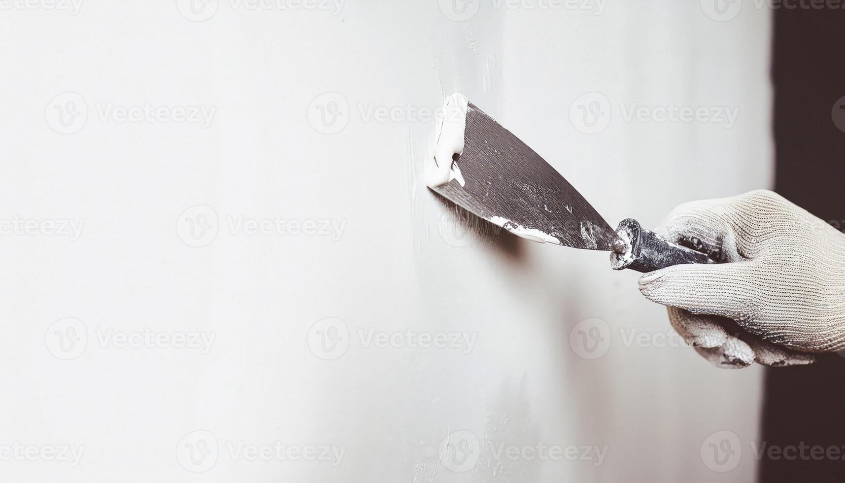 Close up of a hand using a putty knife to apply putty to a wall photo