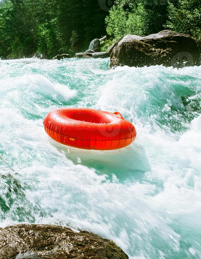 Red Inflatable Tube Floating Down a Rapids photo