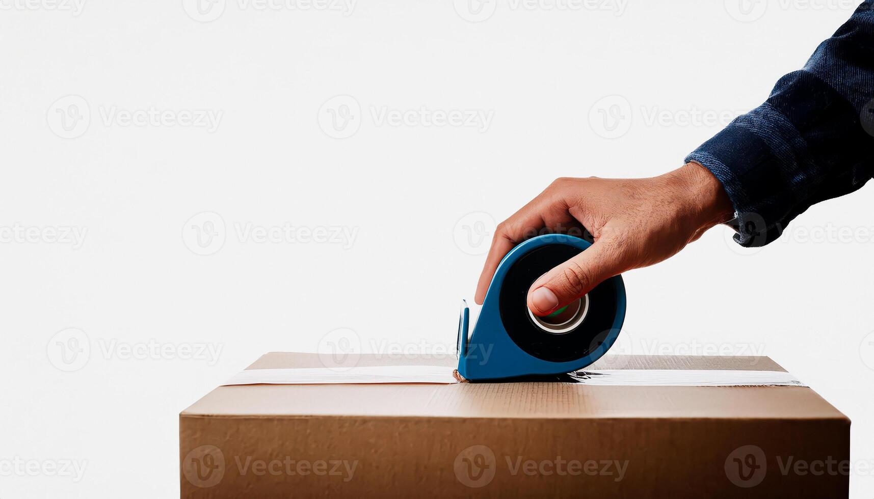Hand sealing a cardboard box with tape photo