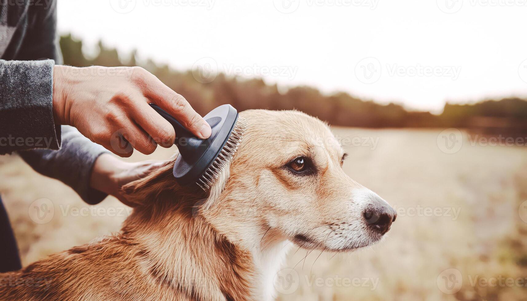 Dog Owner Brushing Their Pet's Fur With a Brush photo
