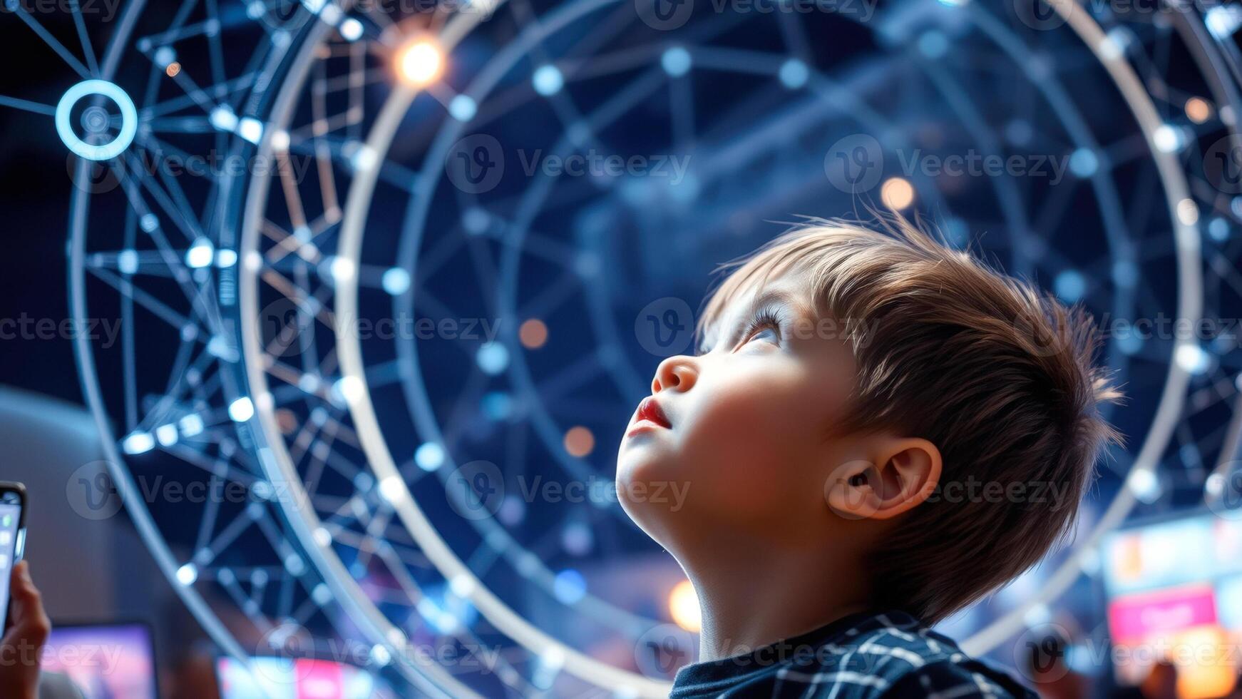 Curious Child Looking Up at a Geometric Light Display photo