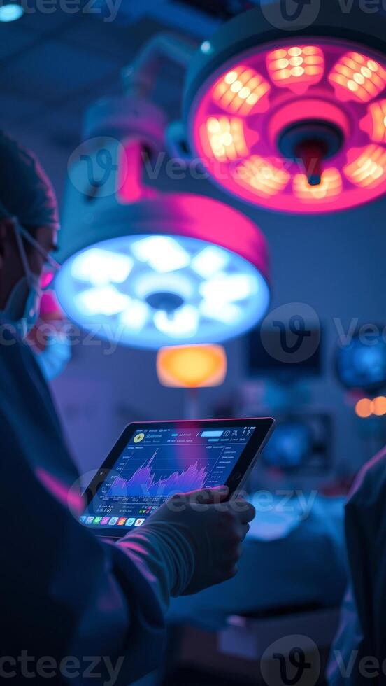 Surgeon Analyzing Stock Market Data in Operating Room photo