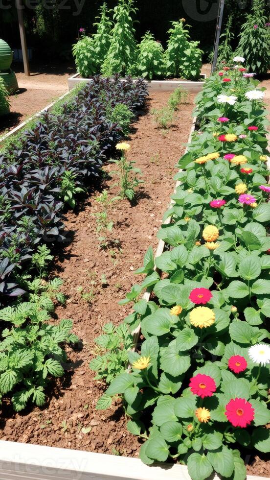 Vibrant Flowers in a Garden Bed photo