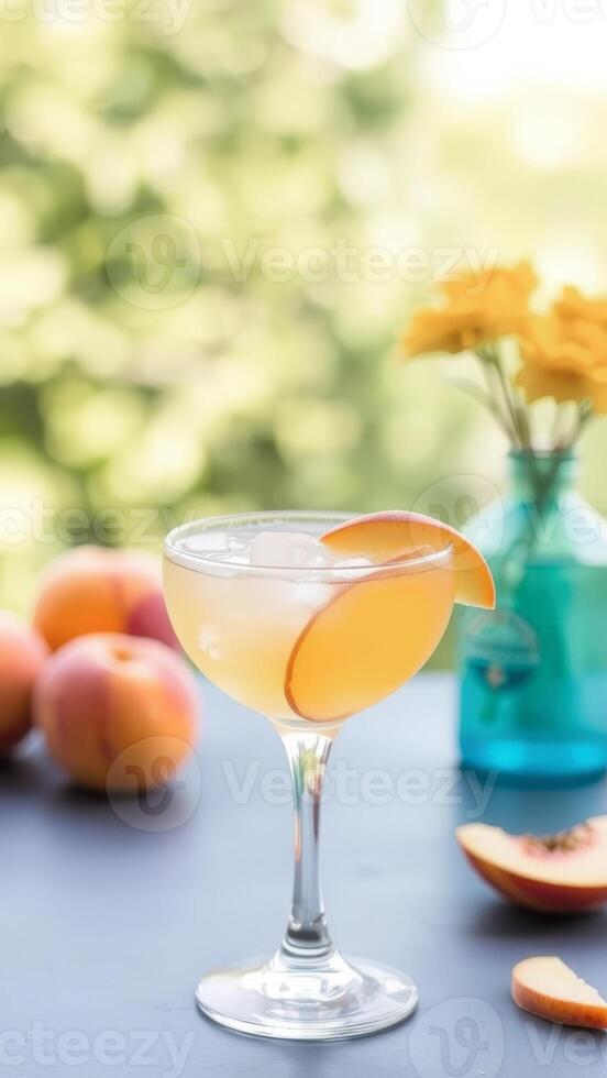 Peach Cocktail with Ice and Peach Slice Garnish photo