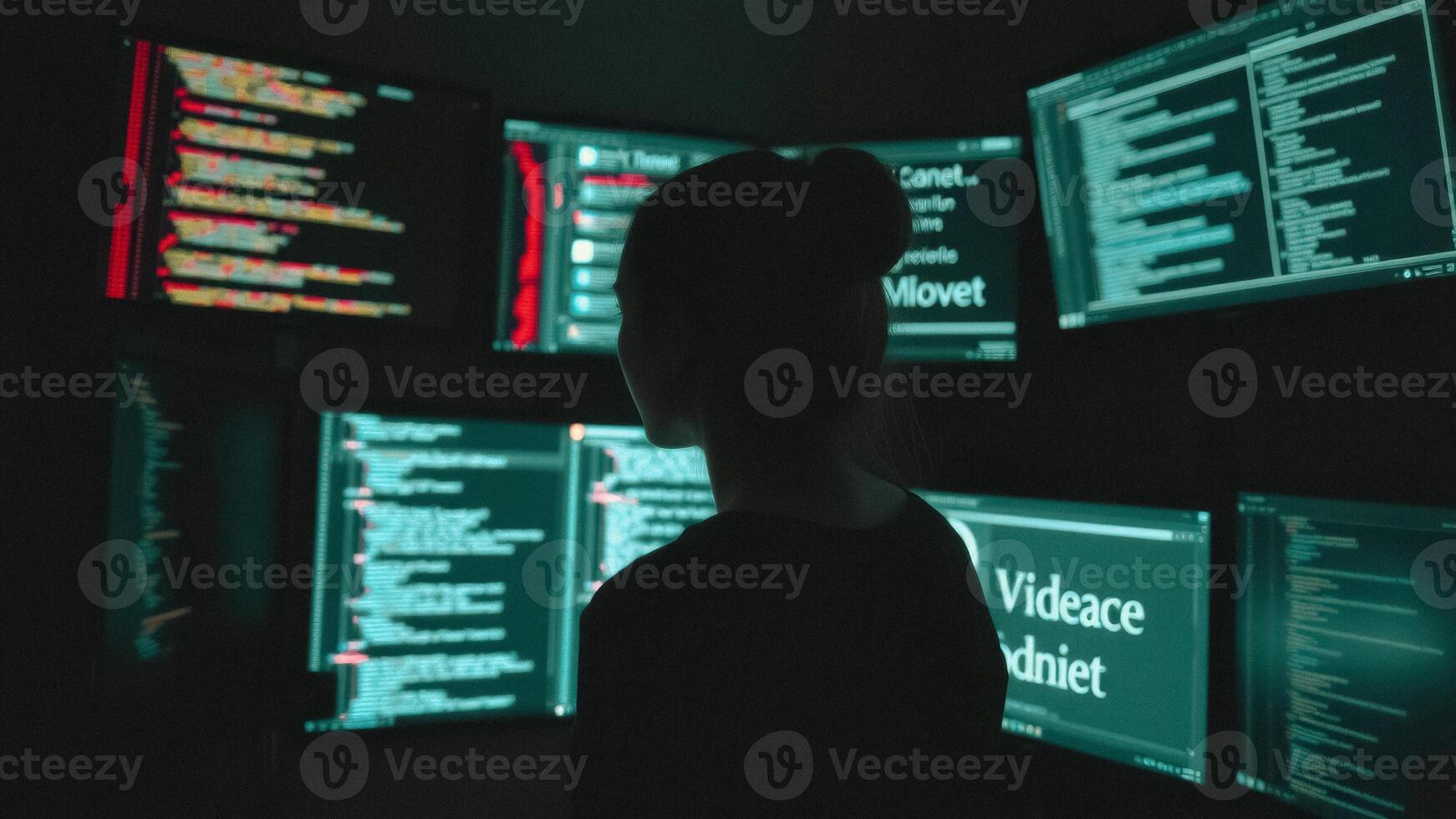 Woman Working on Coding Project in Dark Room photo