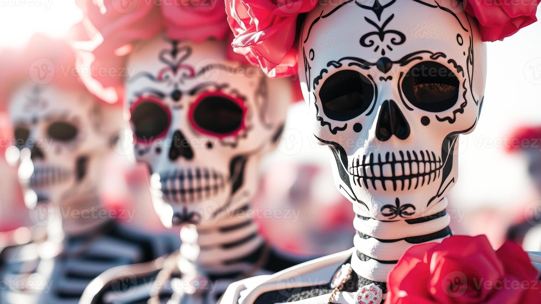 Close up of Day of the Dead Sugar Skulls with Red Flowers photo