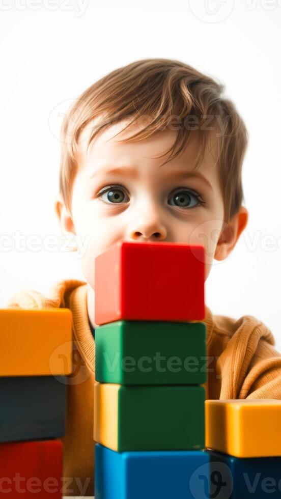Young Boy Playing with Colorful Building Blocks photo