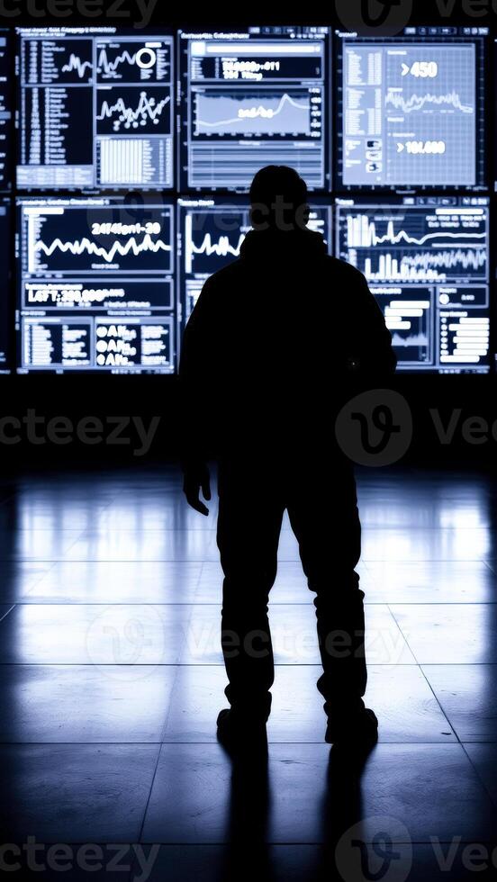 Silhouette of a person standing in front of data screens photo