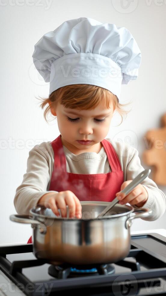 Adorable Little Chef Stirring Pot on Stove photo