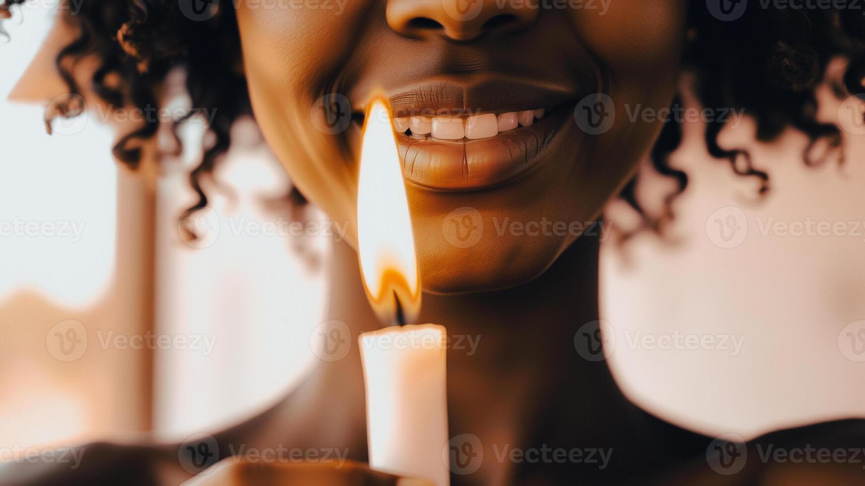Close-up of a woman's mouth with a candle flame photo