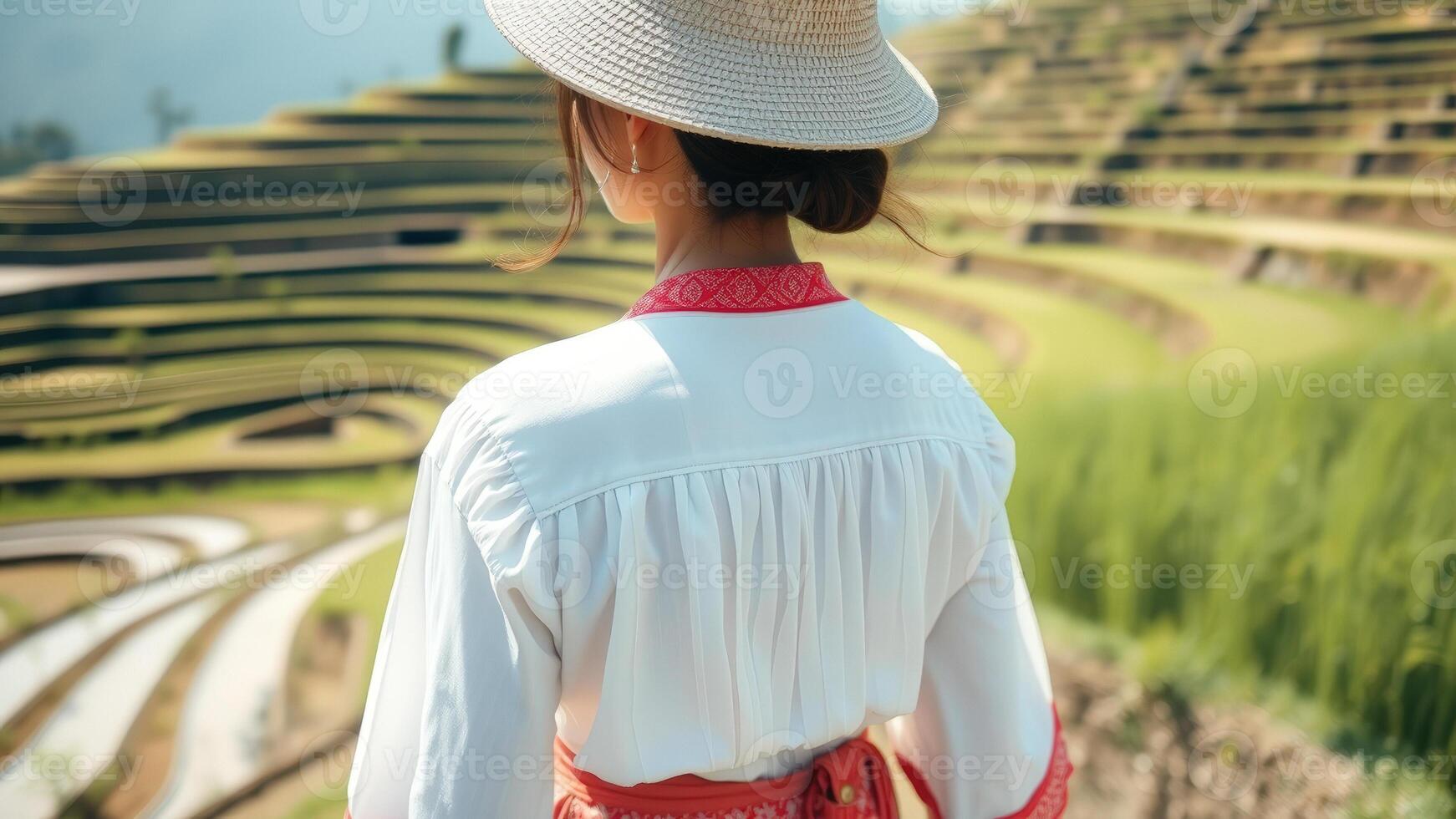 Young Woman Admiring Rice Terraces in Traditional Clothing photo