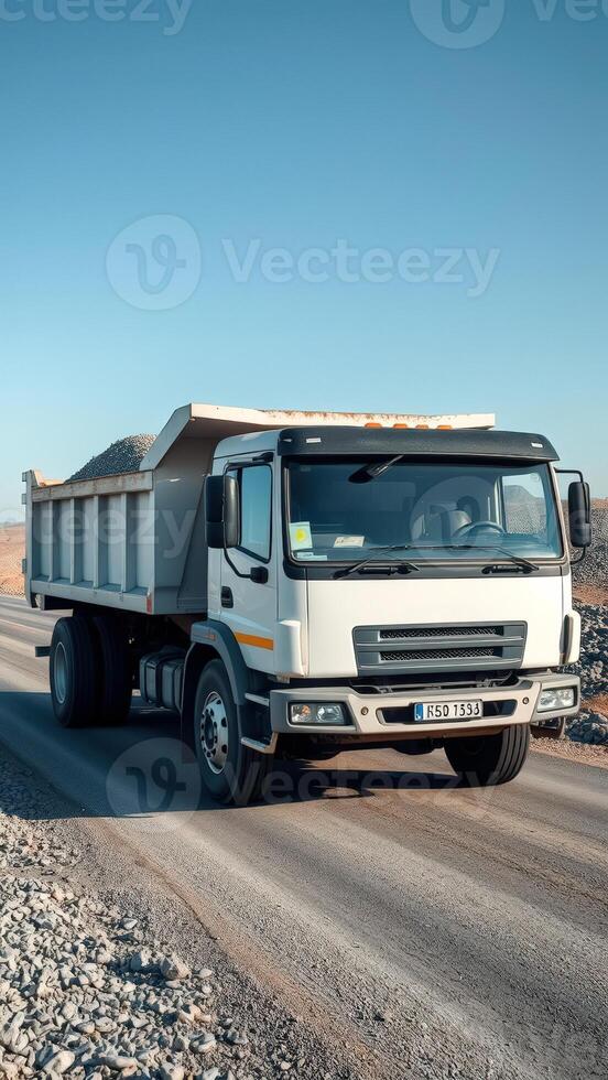 White Dump Truck Driving on a Gravel Road photo