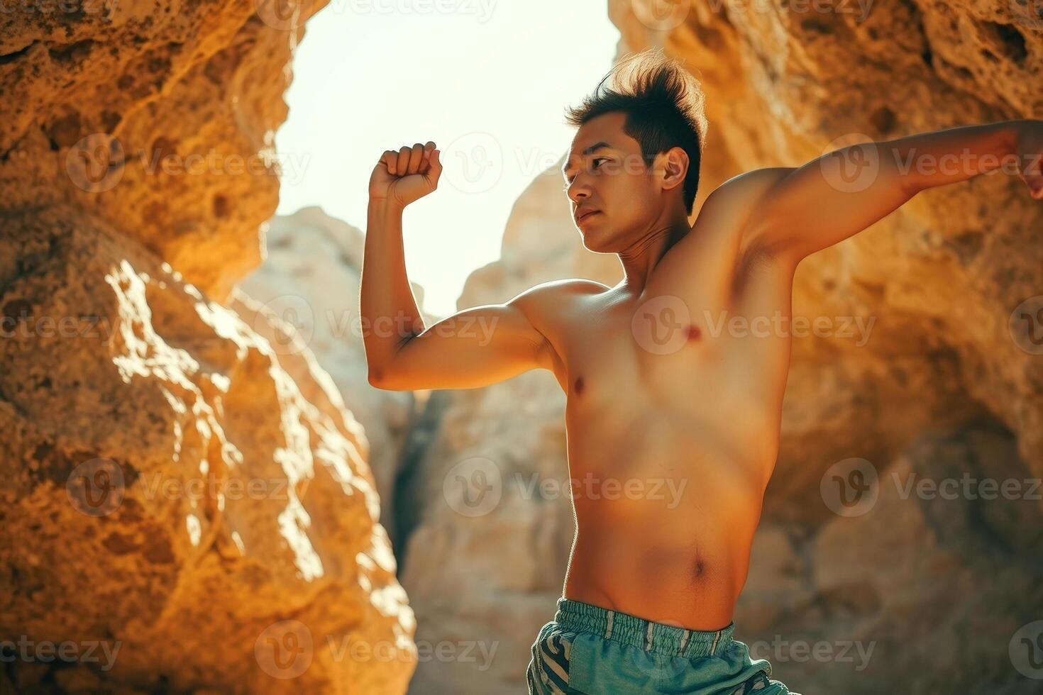 Muscular Man Flexing in a Cave photo