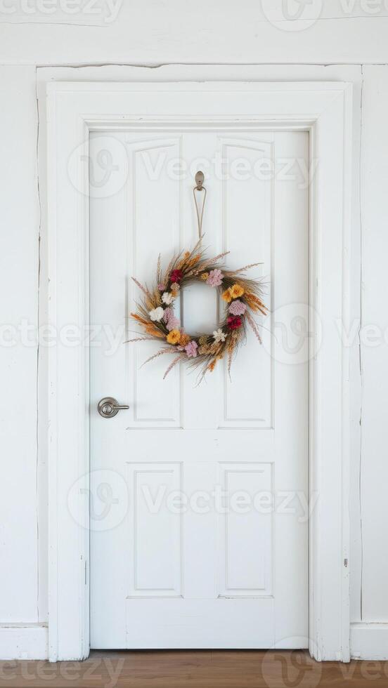 Dried Flower Wreath Hanging on White Door photo