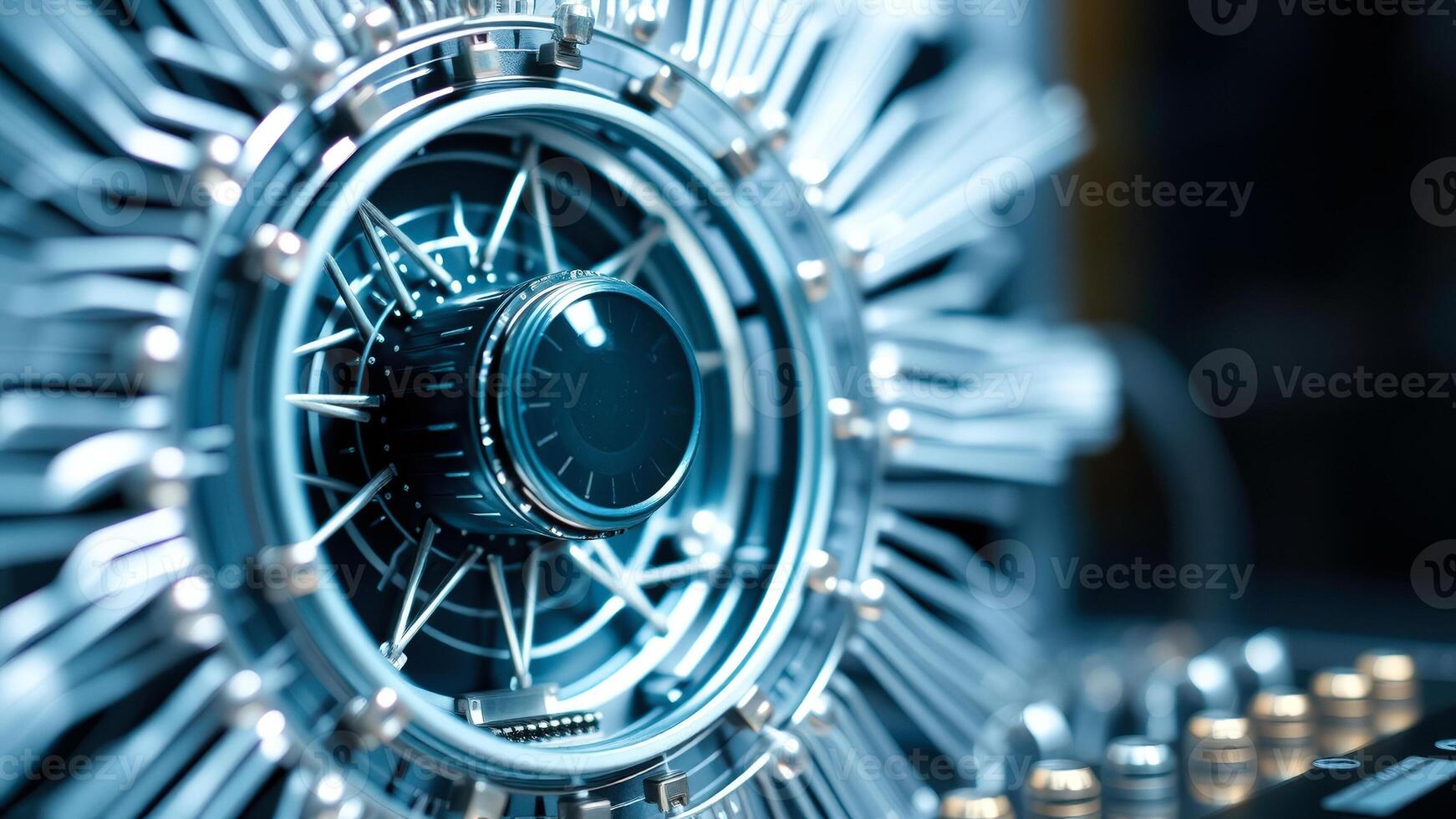Closeup of a silver and blue mechanical device photo