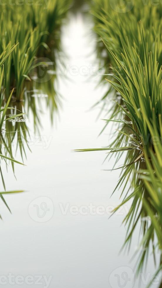 Green grass reflecting in water photo