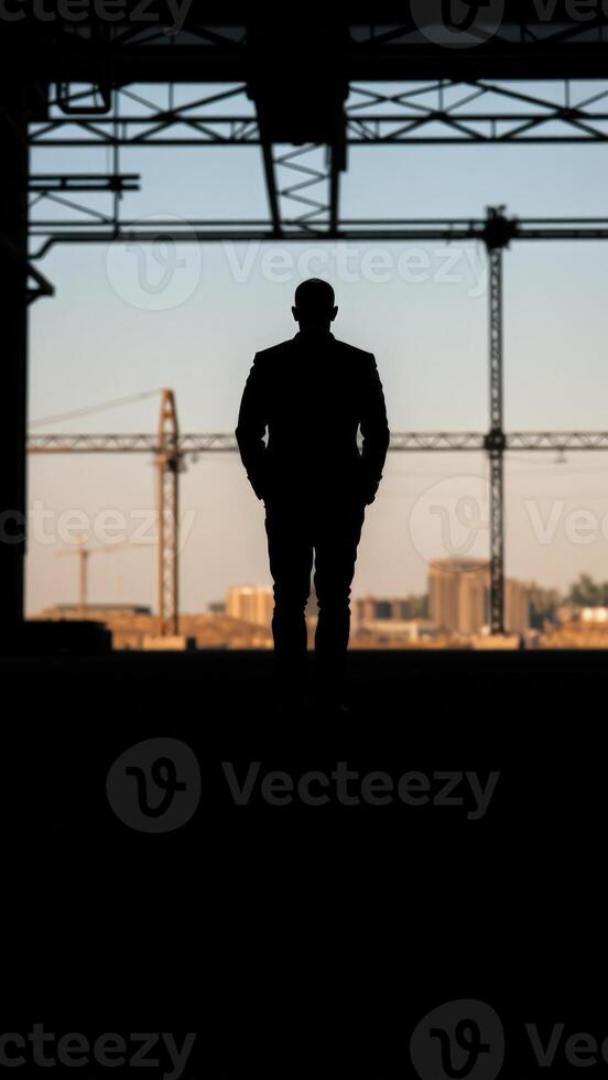 Silhouette of a Man Standing in Front of Construction Cranes photo