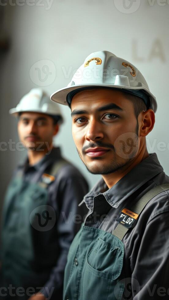 Close-up portrait of a construction worker in a hard hat photo