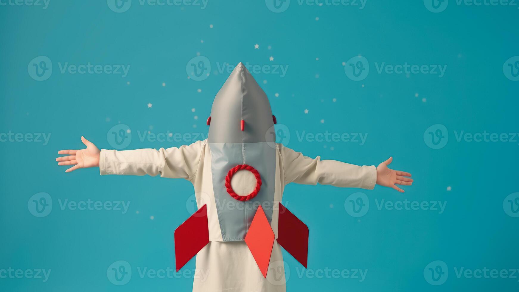 Child dressed as astronaut with open arms on blue background photo