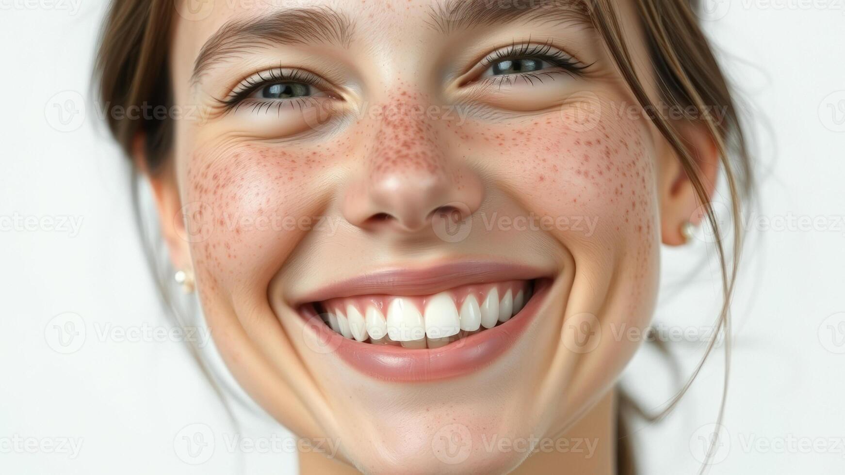 Close up portrait of a smiling woman with freckles photo