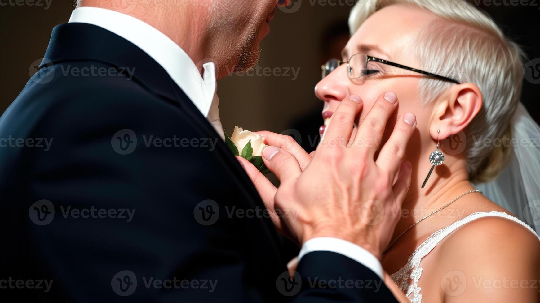 Groom's Hand on Bride's Cheek at Wedding Ceremony photo