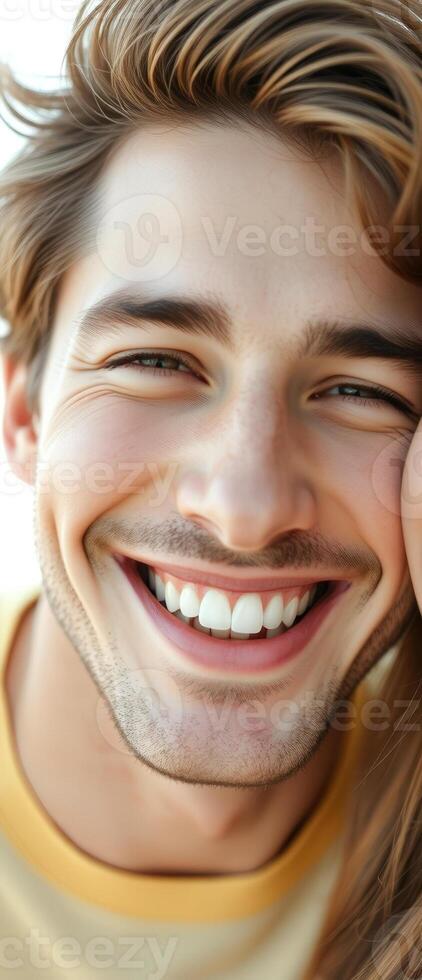 Close-up of a man smiling with genuine happiness photo
