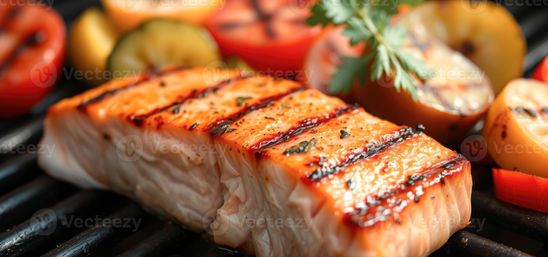 Closeup of Grilled Salmon on Barbecue Grill photo