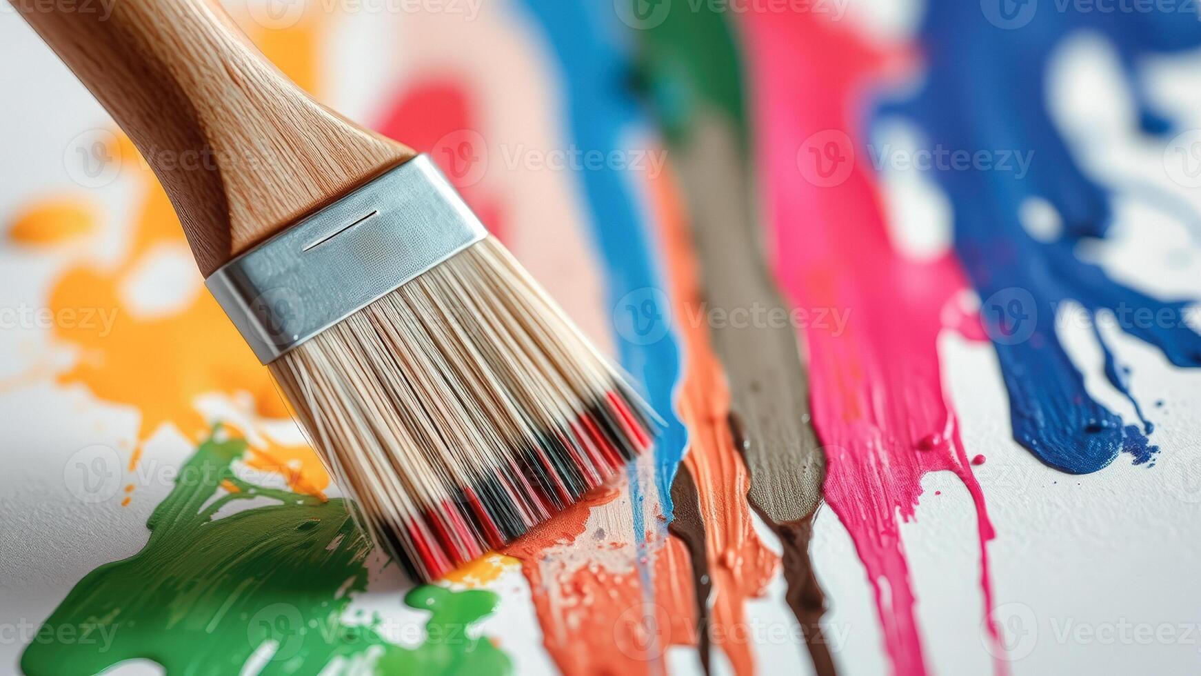 Closeup of a paintbrush over a colorful palette photo