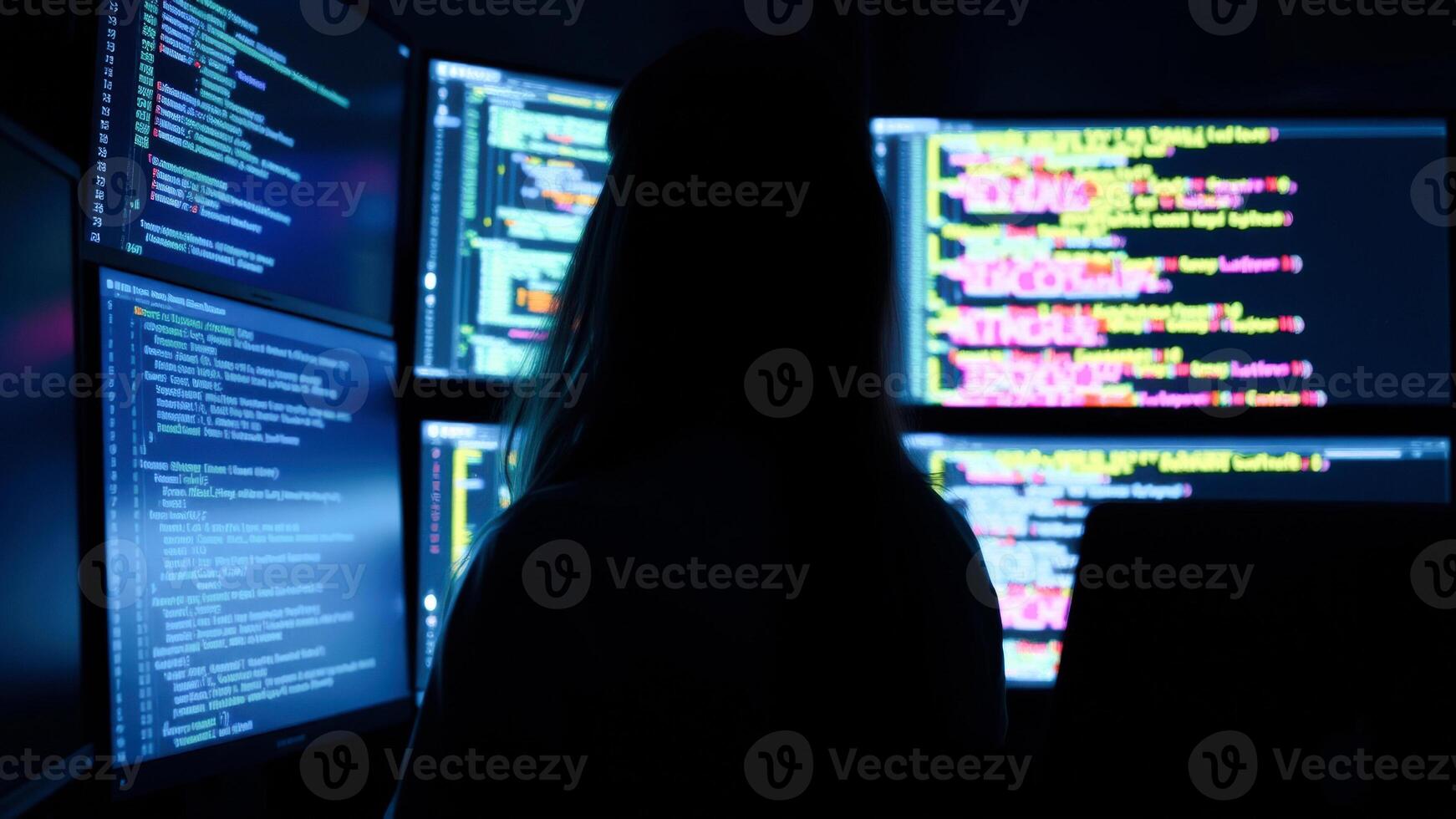 Silhouette of a Woman Coding in a Dark Room photo