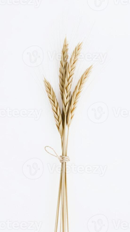 Wheat stalks tied together on a white background photo