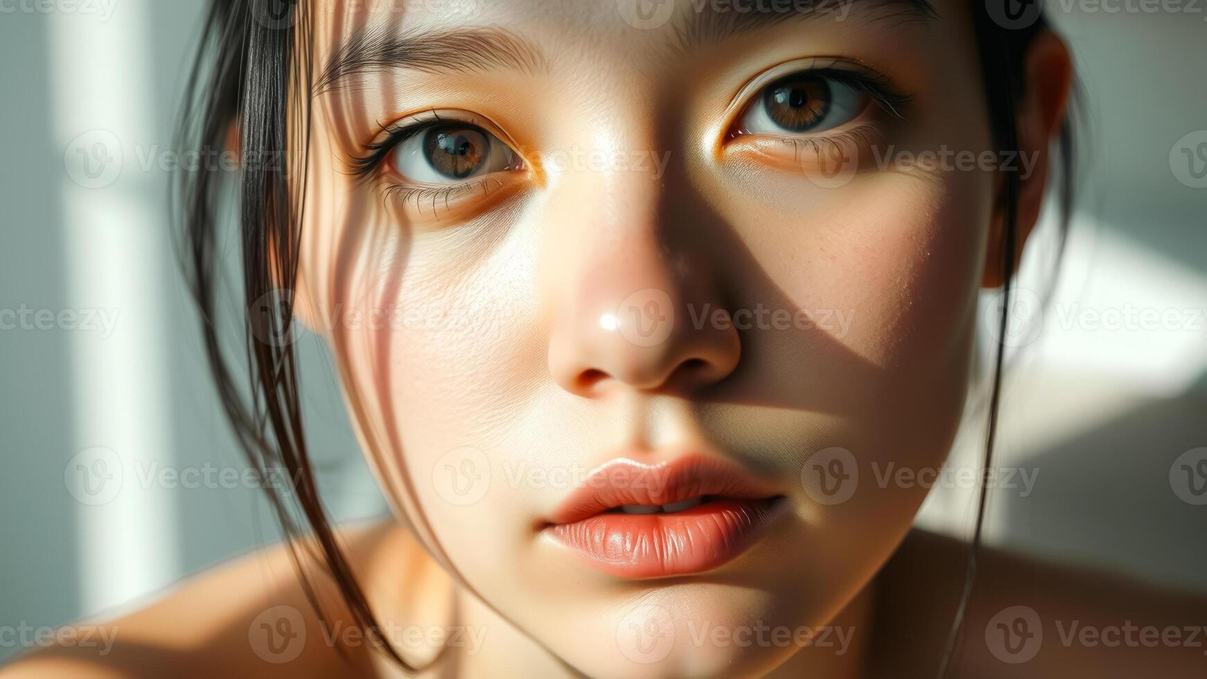 Close-up portrait of a young woman's face with soft lighting photo