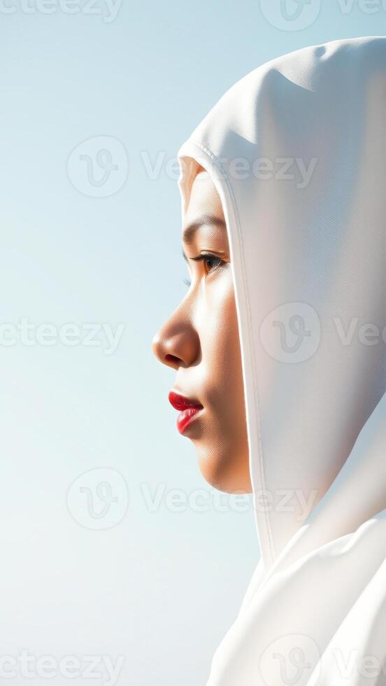 Woman in white hijab with red lipstick photo