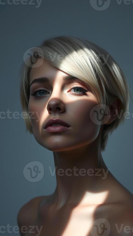 Close-up Portrait of a Woman with Blonde Hair and Light Striking Her Face photo
