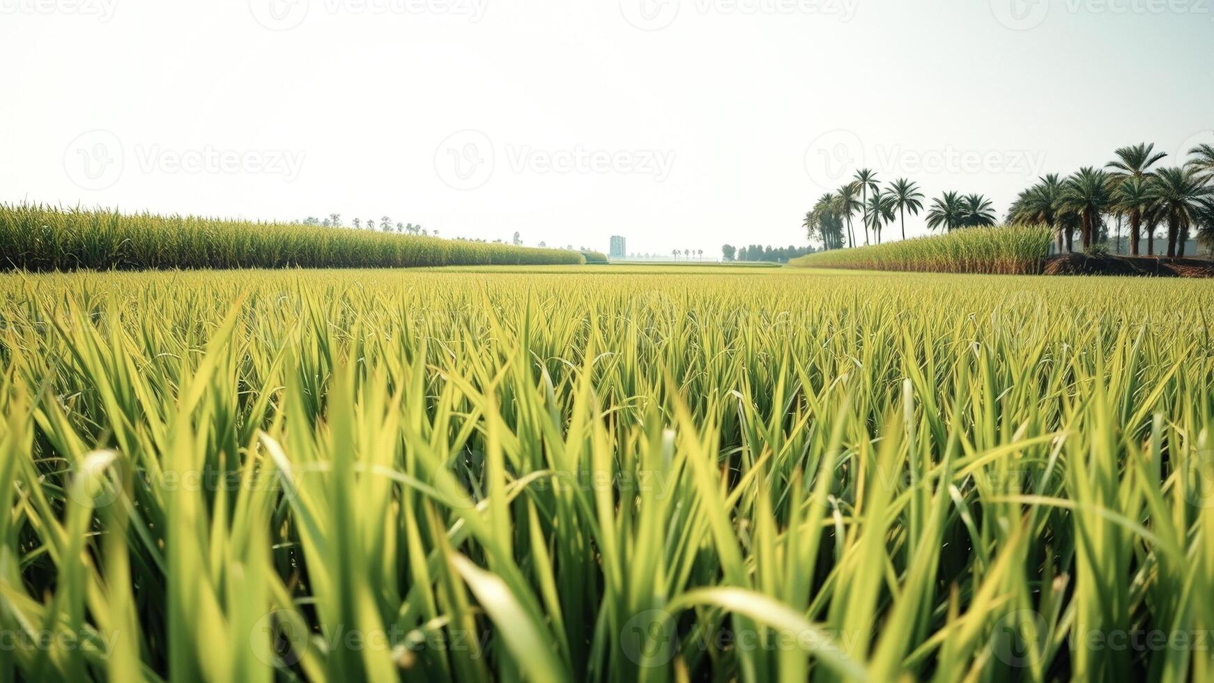 Lush Green Rice Paddy Field with Palm Trees in the Distance photo