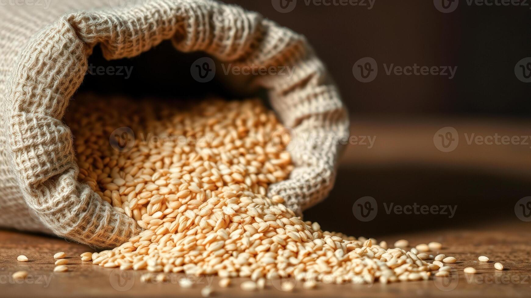 Sesame seeds spilling from a burlap sack photo