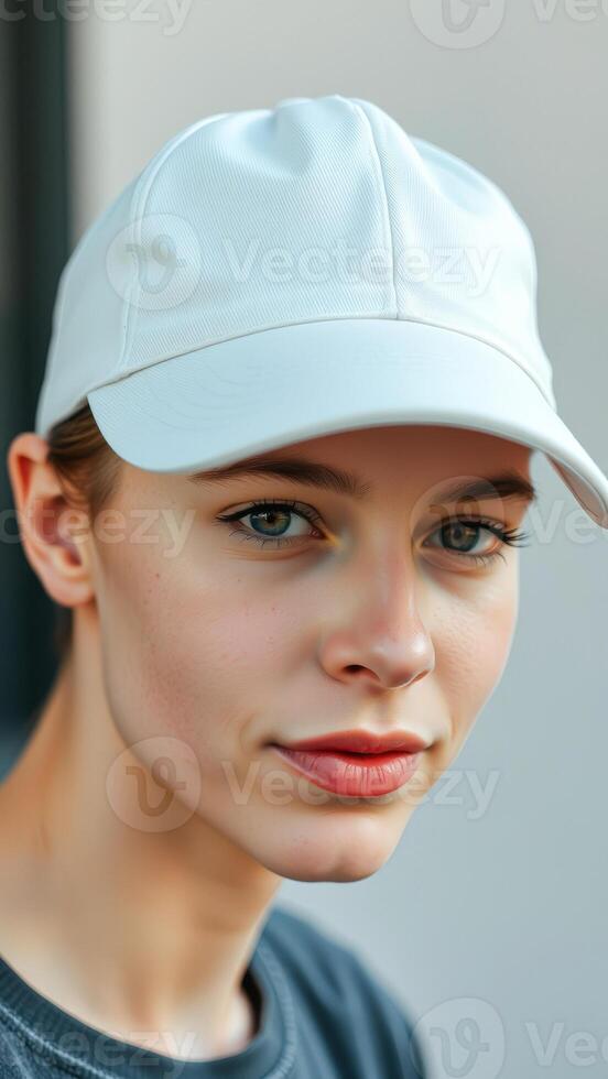 Closeup Portrait of a Young Woman with a White Baseball Cap photo