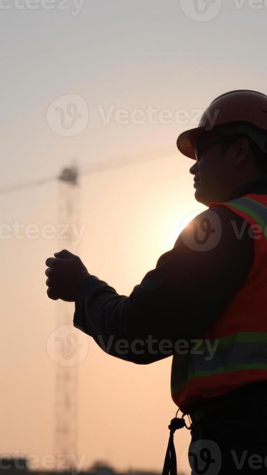 Silhouette of a construction worker at sunset photo
