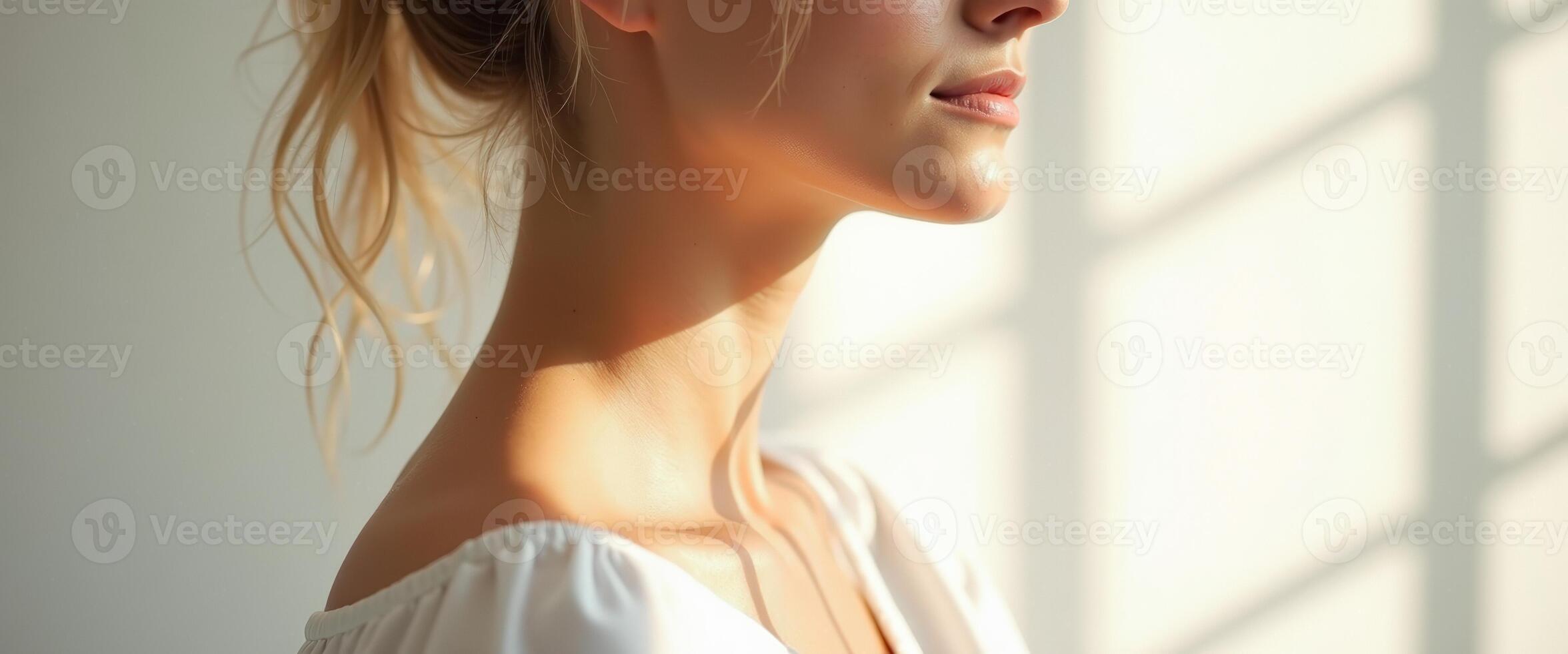 Close-up of a Woman's Face and Neck in Soft Light photo