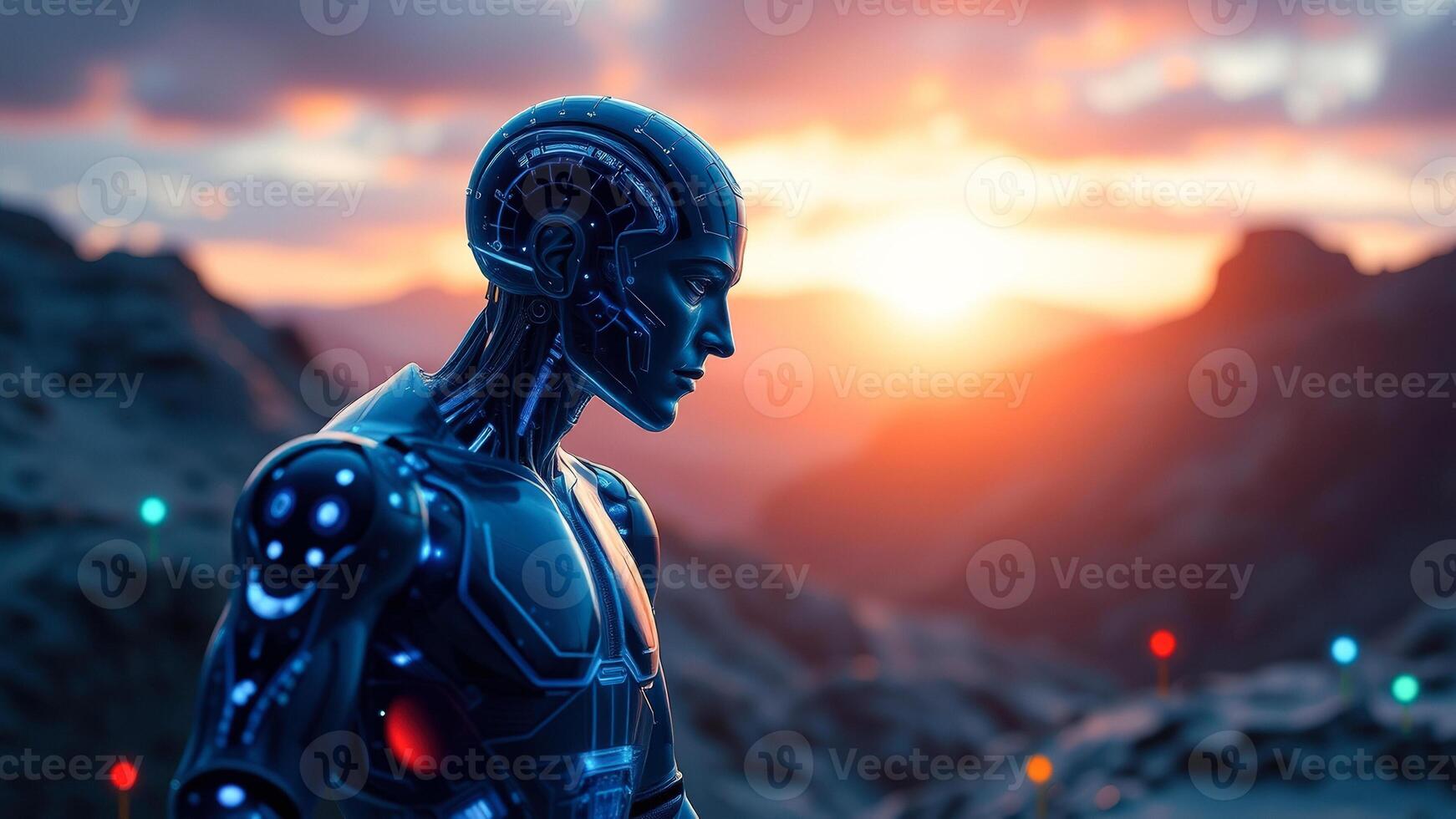 AI Robot in a Dramatic Landscape photo