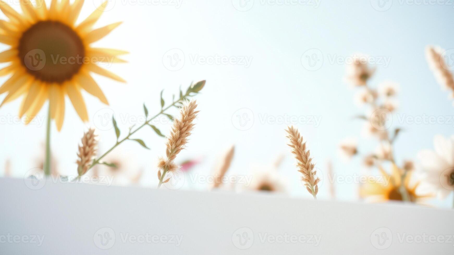 Abstract floral background with sunflowers and wheat photo