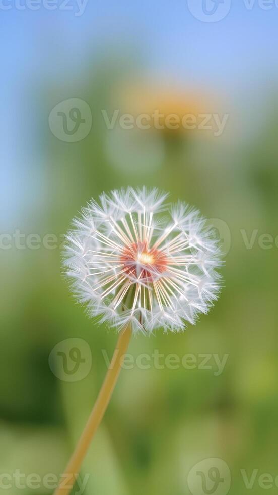 Dandelion Seed Head Close-Up Against Green Blurred Background photo