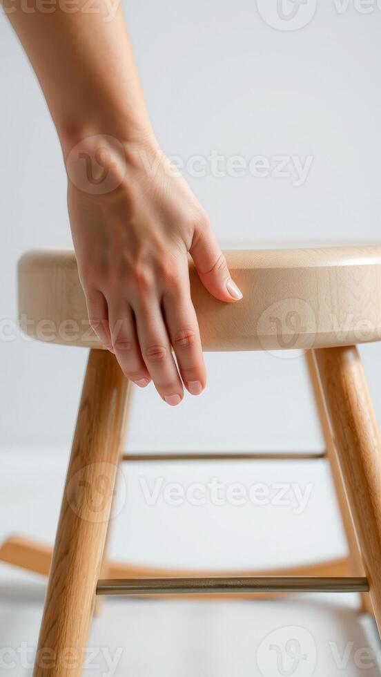 Closeup of a hand resting on a wooden stool photo