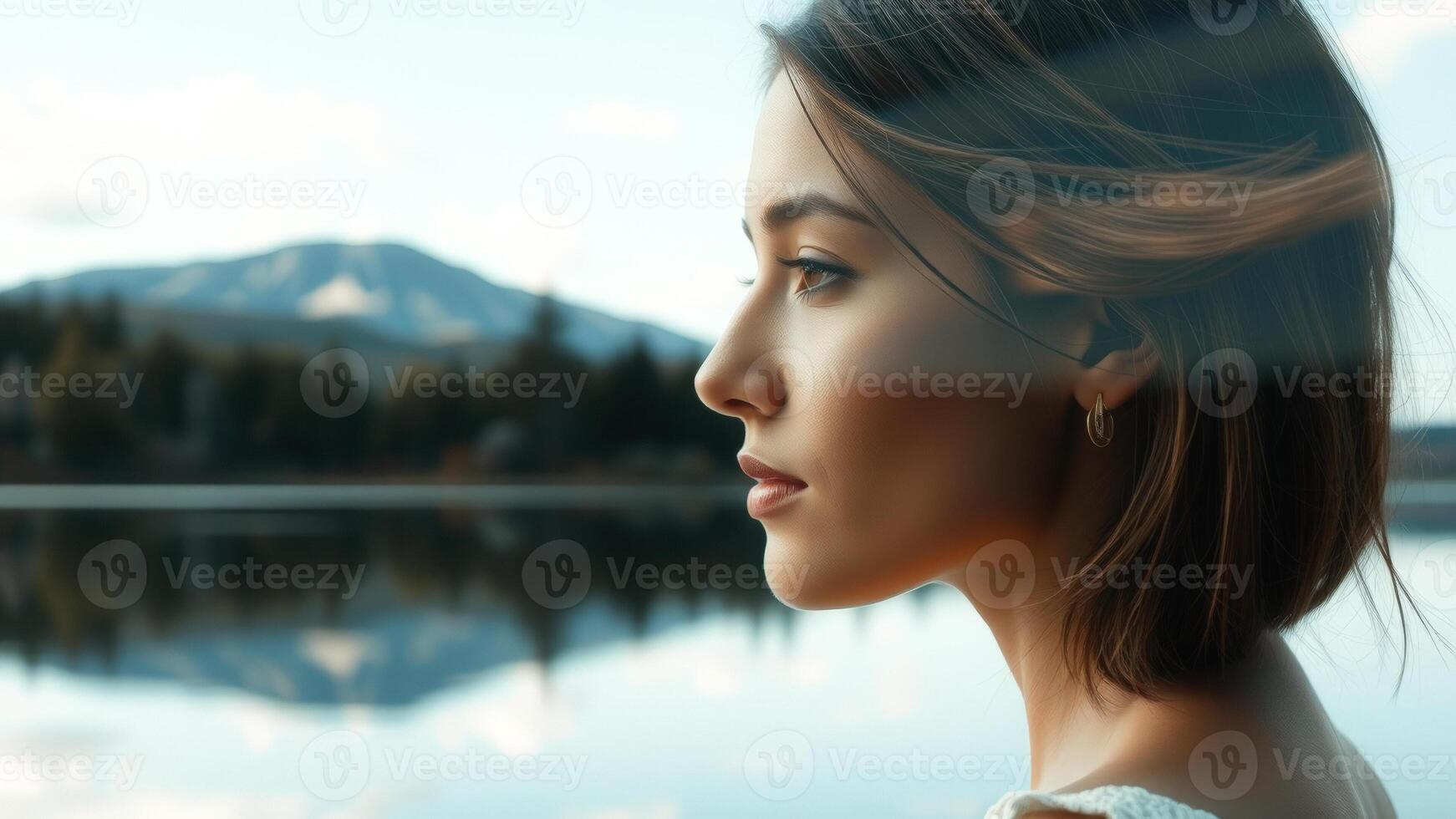 Woman with windswept hair looking at lake photo