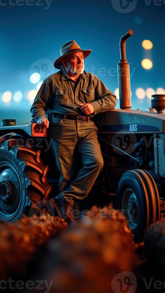 Farmer Leans on Tractor at Dusk photo