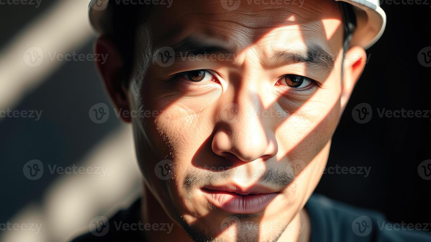 Close-up portrait of a young man's face with a shadow of a window photo